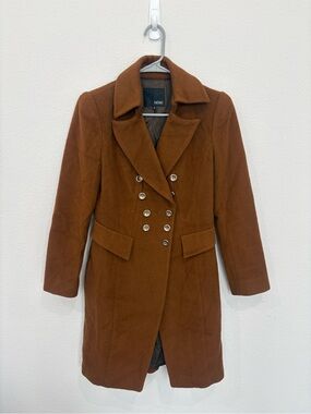 Mixxo Double Breasted Long Brown Wool Blend Coat Small Medium Fall Winter Warm